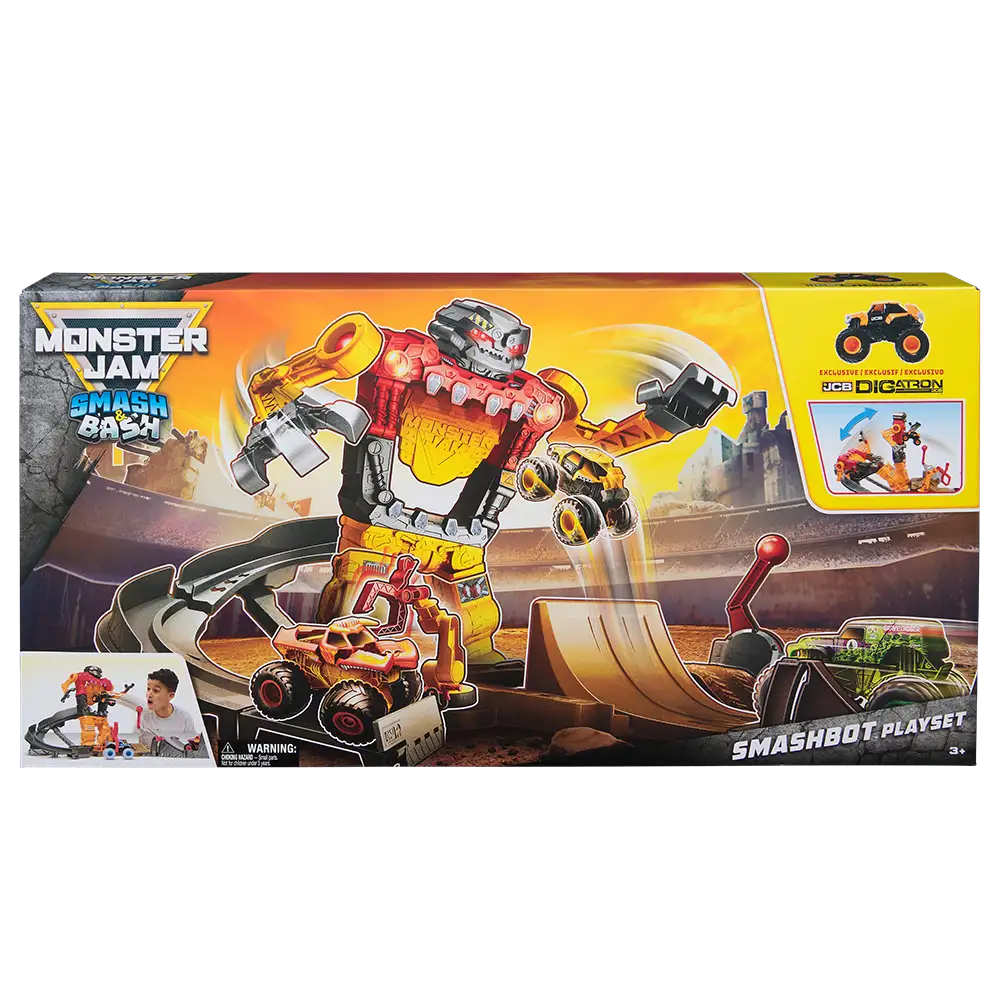 Monster Jam Smash & Bash SmashBot – Pista con Robot Gigante y Vehículo Digatron