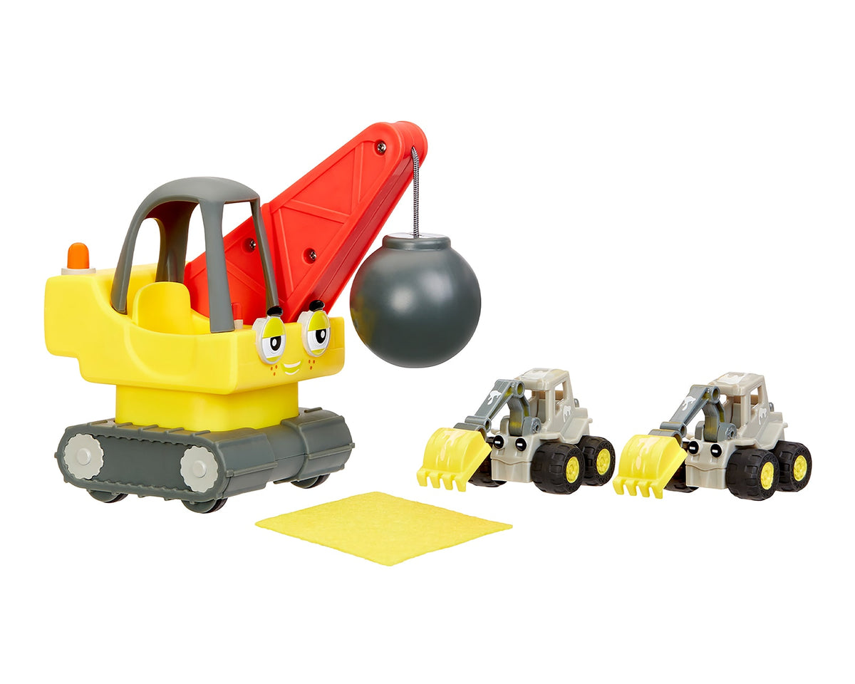 Set completo Little Tikes Cozy Coupe: grúa con bola de demolición, dos excavadoras Dirt Digger y paño