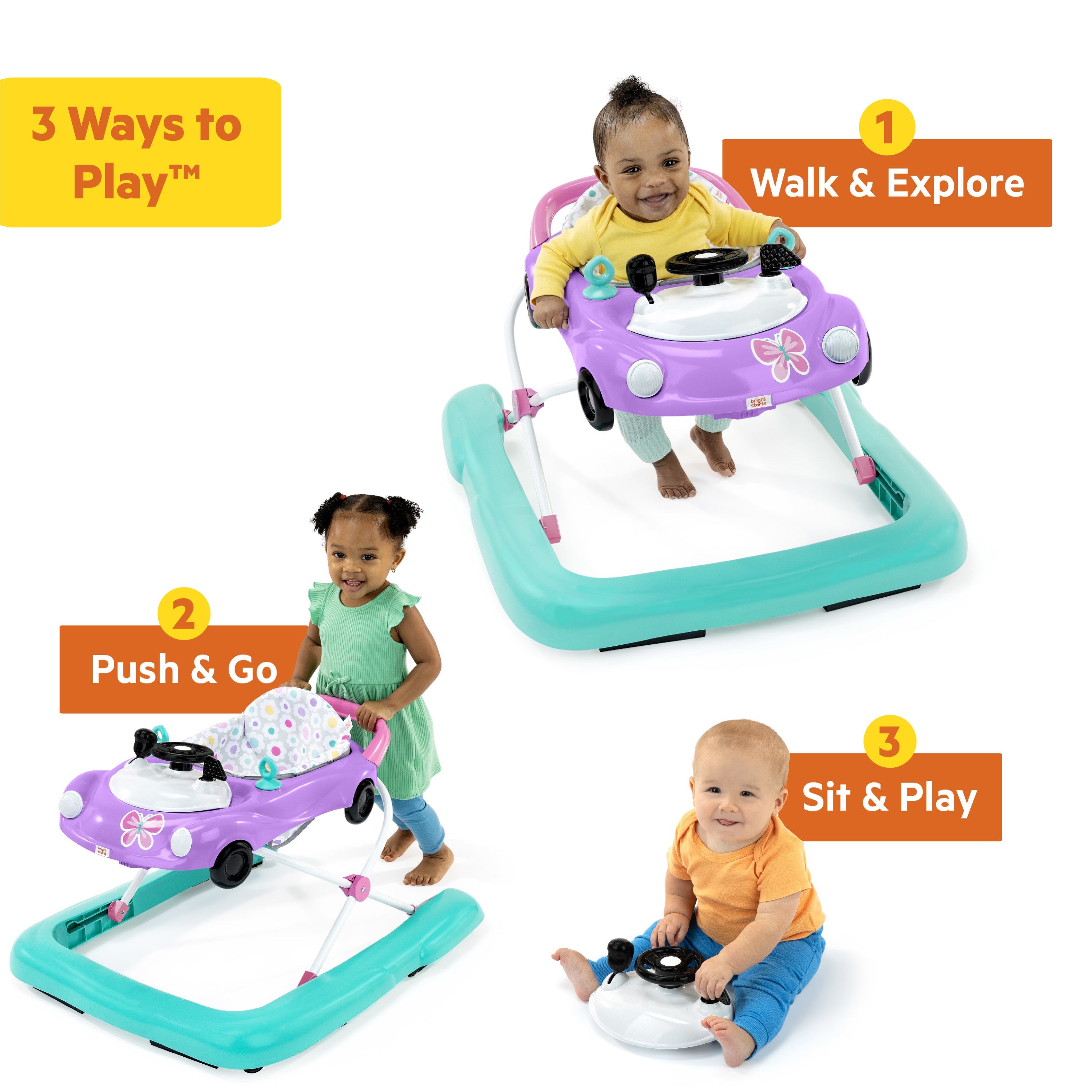 Bright Starts Little Speedster Caminador de Coche 3 en 1 Purple Power