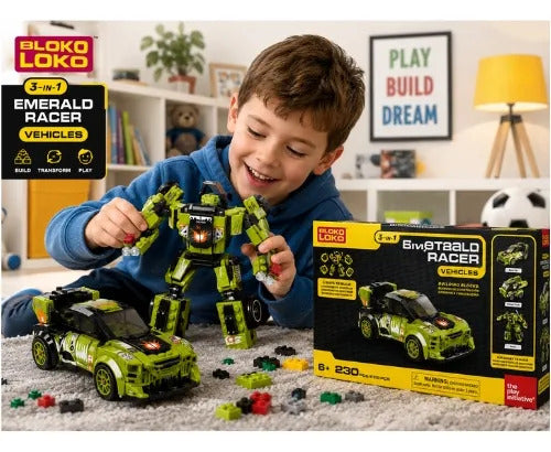 Bloko Loko Emerald Racer 3 en 1 – Set de Construcción 230 Piezas, Vehículos | +6 años