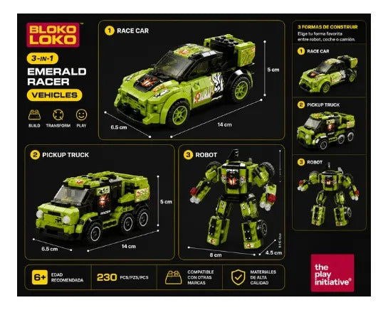 Bloko Loko Emerald Racer 3 en 1 – Set de Construcción 230 Piezas, Vehículos | +6 años
